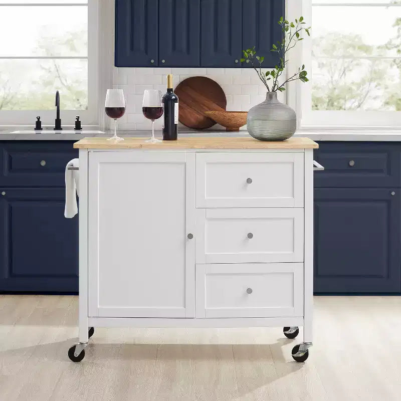 Îlot de cuisine/Chariot de cuisine Soren Wood Top Naturel/Blanc - Crosley : Étagères réglables, option chariot mobile, style Shaker