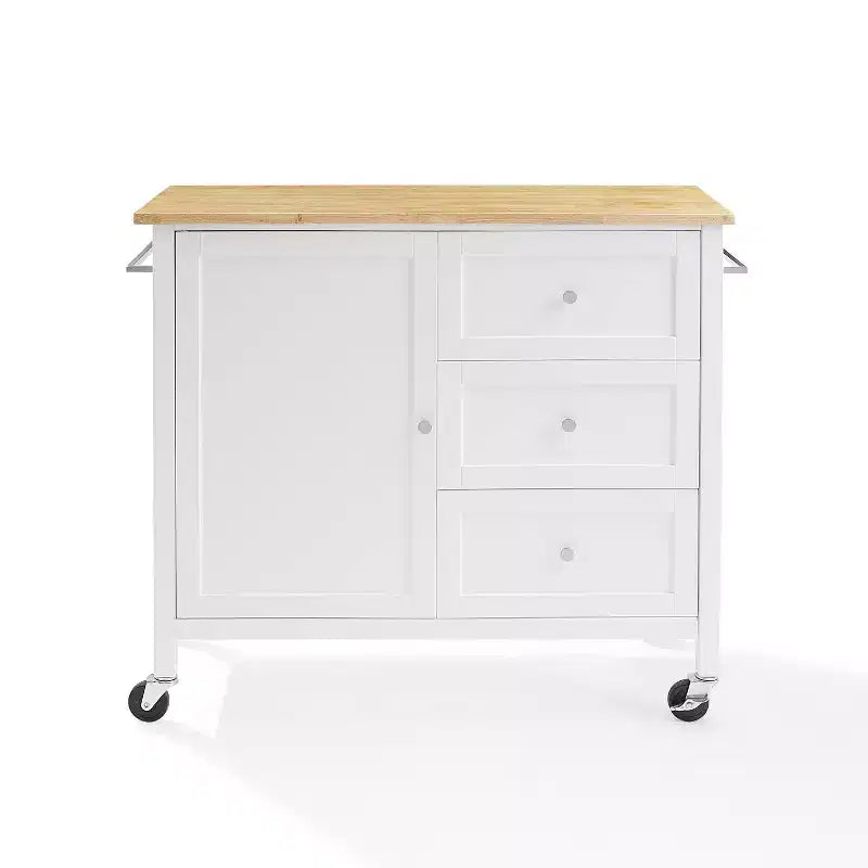 Îlot de cuisine/Chariot de cuisine Soren Wood Top Naturel/Blanc - Crosley : Étagères réglables, option chariot mobile, style Shaker