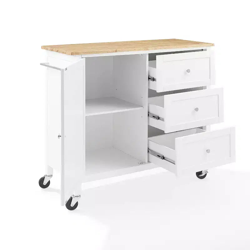 Îlot de cuisine/Chariot de cuisine Soren Wood Top Naturel/Blanc - Crosley : Étagères réglables, option chariot mobile, style Shaker