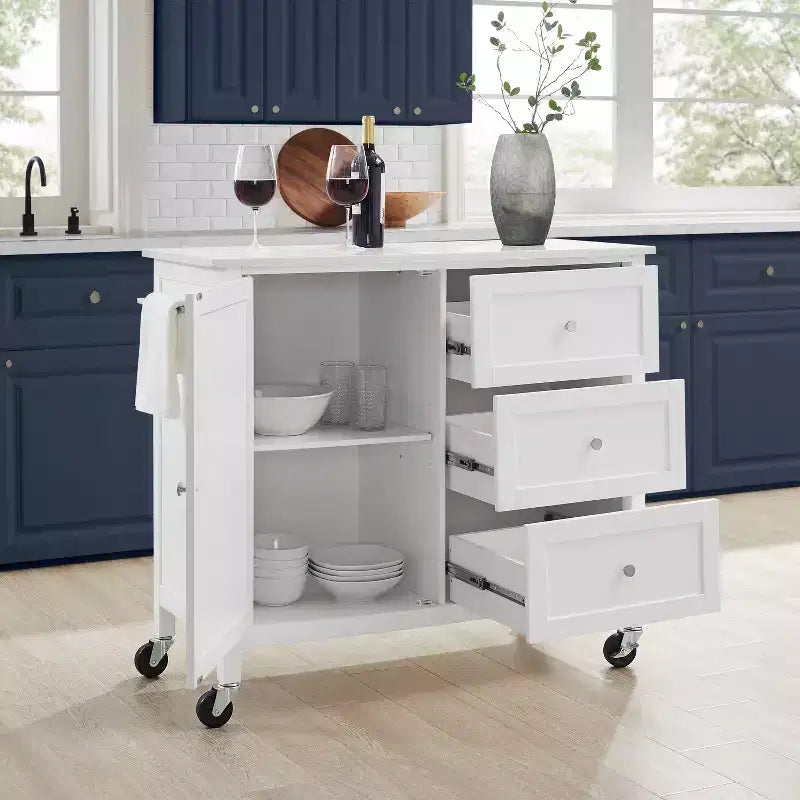Crosley Soren Îlot de Cuisine/Chariot avec Plateau en Pierre Blanc : Chariot Roulant avec Rangement, 2 Étagères, 3 Tiroirs, Style Traditionnel