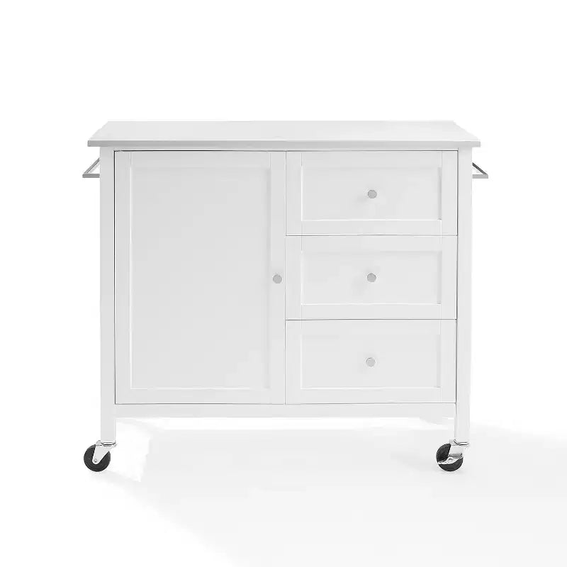Crosley Soren Îlot de Cuisine/Chariot avec Plateau en Pierre Blanc : Chariot Roulant avec Rangement, 2 Étagères, 3 Tiroirs, Style Traditionnel