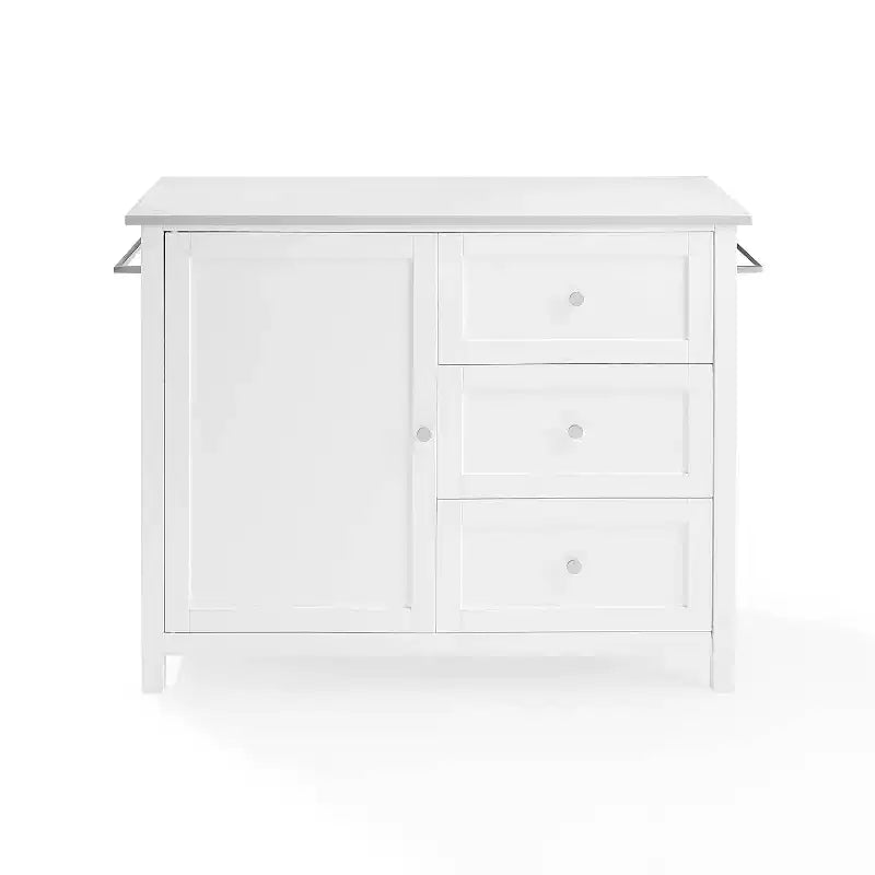 Crosley Soren Îlot de Cuisine/Chariot avec Plateau en Pierre Blanc : Chariot Roulant avec Rangement, 2 Étagères, 3 Tiroirs, Style Traditionnel