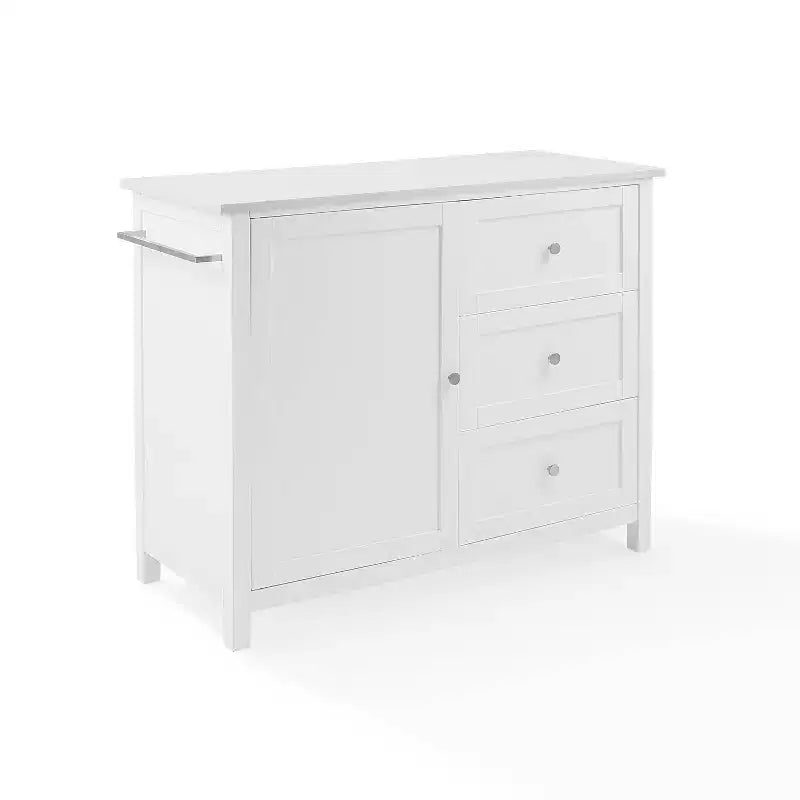 Crosley Soren Îlot de Cuisine/Chariot avec Plateau en Pierre Blanc : Chariot Roulant avec Rangement, 2 Étagères, 3 Tiroirs, Style Traditionnel