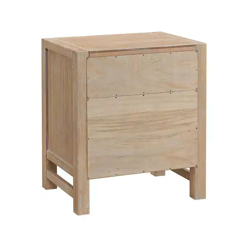 Table de chevet en bois Arden 2 tiroirs Driftwood clair - Meubles Alaterre : Cadre en pin rustique, étagère ouverte, quincaillerie en bronze huilé