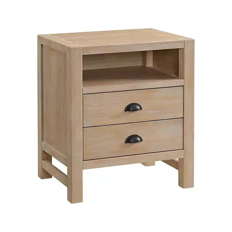 Table de chevet en bois Arden 2 tiroirs Driftwood clair - Meubles Alaterre : Cadre en pin rustique, étagère ouverte, quincaillerie en bronze huilé