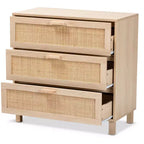 Commode de rangement Baxton Studio Sebille en bois avec rotin naturel, 3 tiroirs, marron clair : style bohème, cadre en panneaux de particules