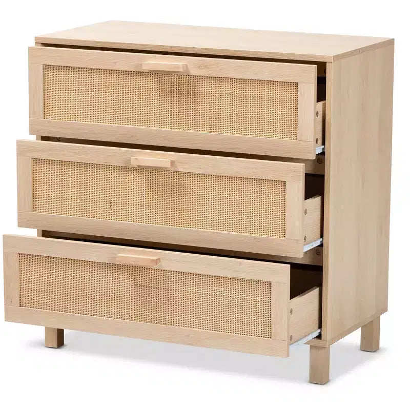 Commode de rangement Baxton Studio Sebille en bois avec rotin naturel, 3 tiroirs, marron clair : style bohème, cadre en panneaux de particules