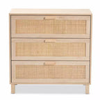 Commode de rangement Baxton Studio Sebille en bois avec rotin naturel, 3 tiroirs, marron clair : style bohème, cadre en panneaux de particules