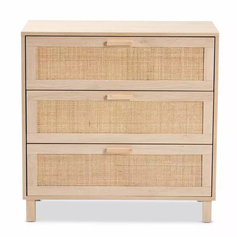 Commode de rangement Baxton Studio Sebille en bois avec rotin naturel, 3 tiroirs, marron clair : style bohème, cadre en panneaux de particules