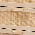 Commode de rangement Baxton Studio Sebille en bois avec rotin naturel, 3 tiroirs, marron clair : style bohème, cadre en panneaux de particules
