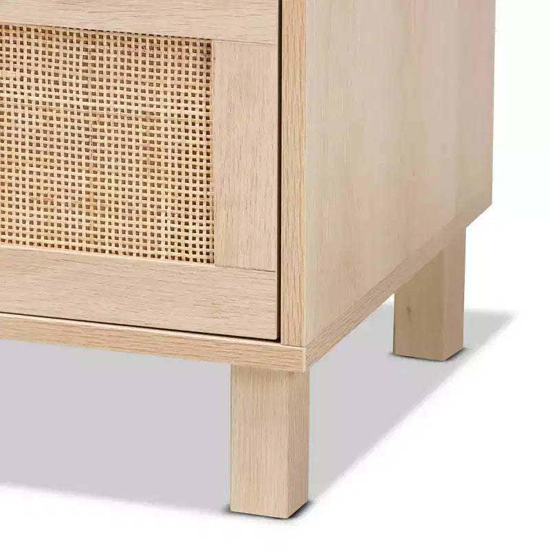 Commode de rangement Baxton Studio Sebille en bois avec rotin naturel, 3 tiroirs, marron clair : style bohème, cadre en panneaux de particules