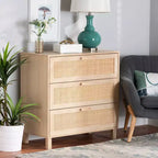 Commode de rangement Baxton Studio Sebille en bois avec rotin naturel, 3 tiroirs, marron clair : style bohème, cadre en panneaux de particules