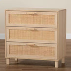 Commode de rangement Baxton Studio Sebille en bois avec rotin naturel, 3 tiroirs, marron clair : style bohème, cadre en panneaux de particules