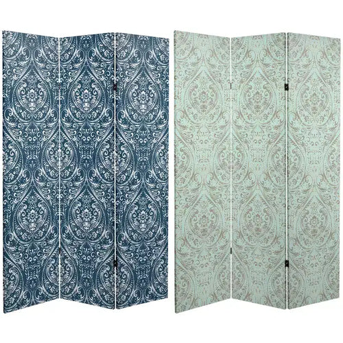 6" Double Sided Ocean Damask Canvas Room Divider Blue - Oriental Furniture: No Assembly, 3 Panels