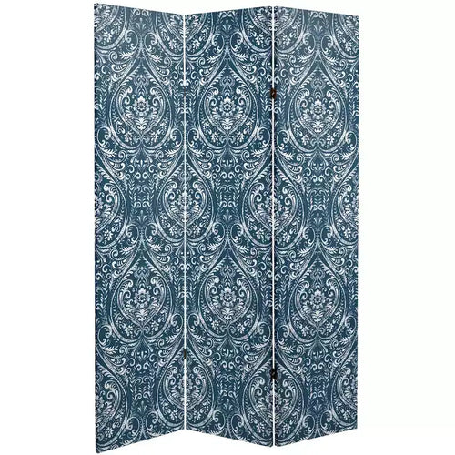 Paravent Damassé Océan Double Face 6" Toile Bleu - Meuble Oriental : Aucun Assemblage Requis, 3 Panneaux
