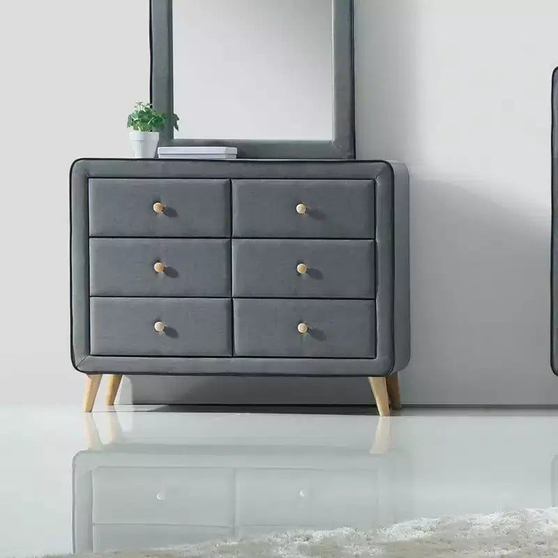 Commode Valda 43" en tissu gris clair – Meuble Acme : Rangement de chambre à 6 tiroirs, glissières métalliques
