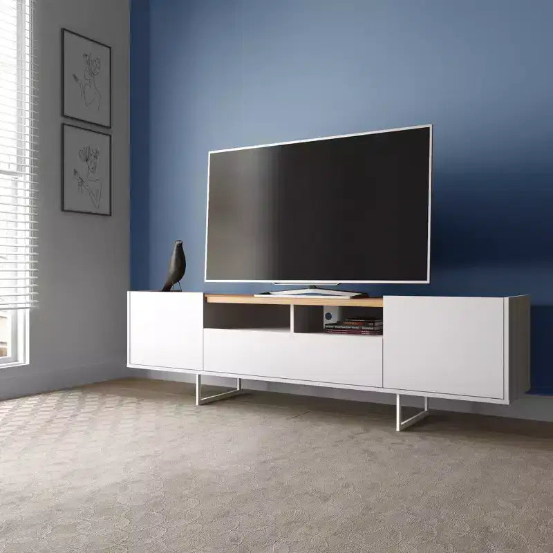 Meuble TV Winston pour téléviseurs jusqu'à 65 po Blanc/Cannelle - Manhattan Comfort : Meuble de divertissement avec gestion des câbles