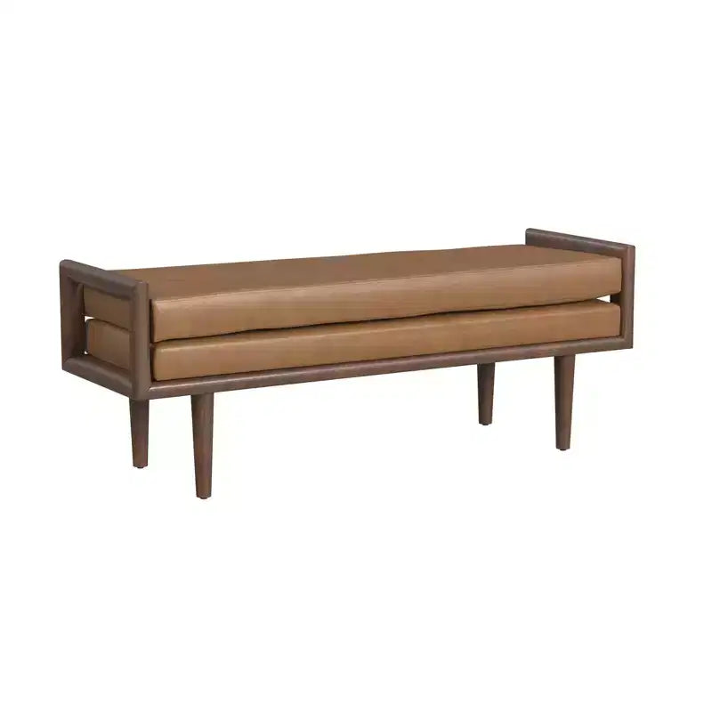 Banc en bois HomePop avec siège rembourré en similicuir caramel : Ottoman rectangulaire, siège d'entrée, polyester et viscose