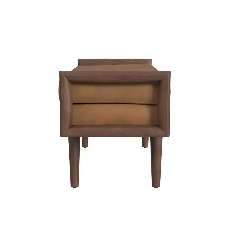Banc en bois HomePop avec siège rembourré en similicuir caramel : Ottoman rectangulaire, siège d'entrée, polyester et viscose