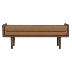 Banc en bois HomePop avec siège rembourré en similicuir caramel : Ottoman rectangulaire, siège d'entrée, polyester et viscose