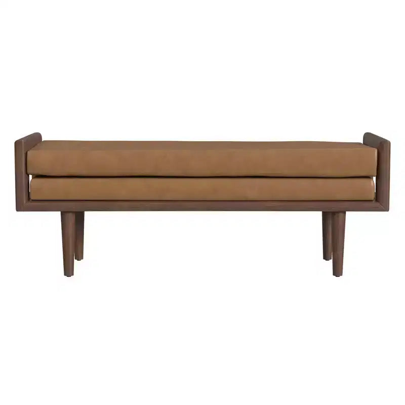 Banc en bois HomePop avec siège rembourré en similicuir caramel : Ottoman rectangulaire, siège d'entrée, polyester et viscose