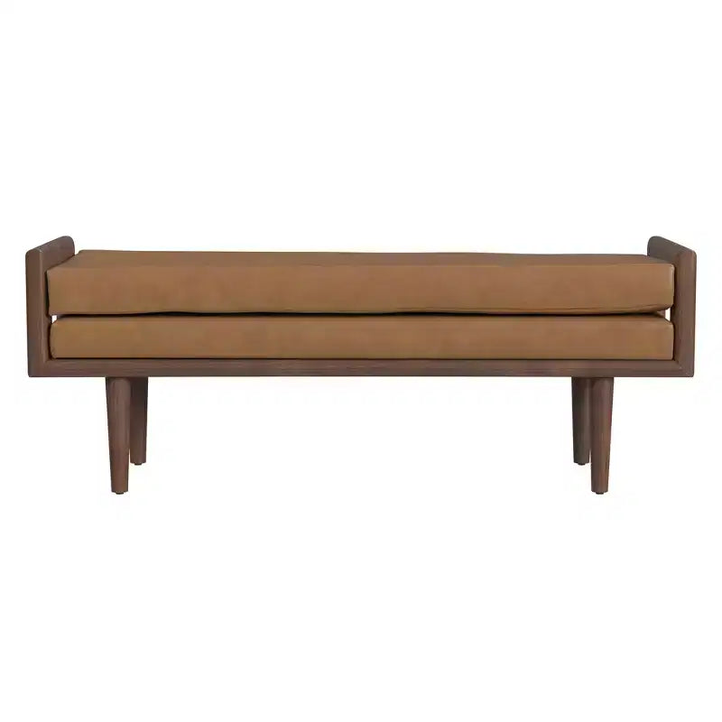 Banc en bois HomePop avec siège rembourré en similicuir caramel : Ottoman rectangulaire, siège d'entrée, polyester et viscose