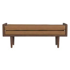 Banc en bois HomePop avec siège rembourré en similicuir caramel : Ottoman rectangulaire, siège d'entrée, polyester et viscose