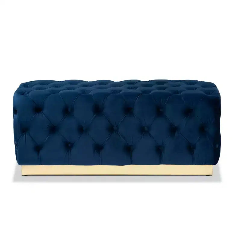 Pouf en velours Corrine et similicuir bleu marine/doré - Baxton Studio : Siège capitonné et rembourré, cadre en bois, décor de luxe