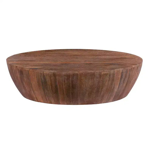 The Urban Port 48" Handcarved Drum Shape Round Top Mango Wood Coffee Table Distressed Brown: Sturdy & Polished