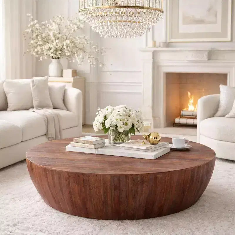 48" Handcarved Drum Shape Round Top Mango Wood Coffee Table Distressed Brown: Sturdy & Polished