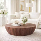 Table basse ronde 48" sculptée à la main en bois de manguier, forme tambour, marron vieilli : Robuste et polie