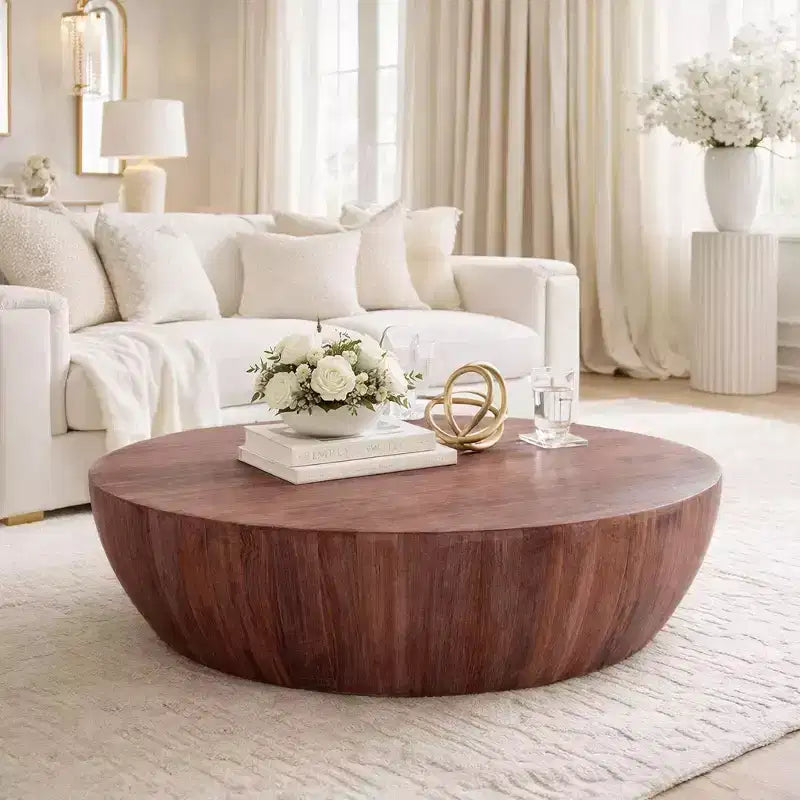 Table basse ronde 48" sculptée à la main en bois de manguier, forme tambour, marron vieilli : Robuste et polie