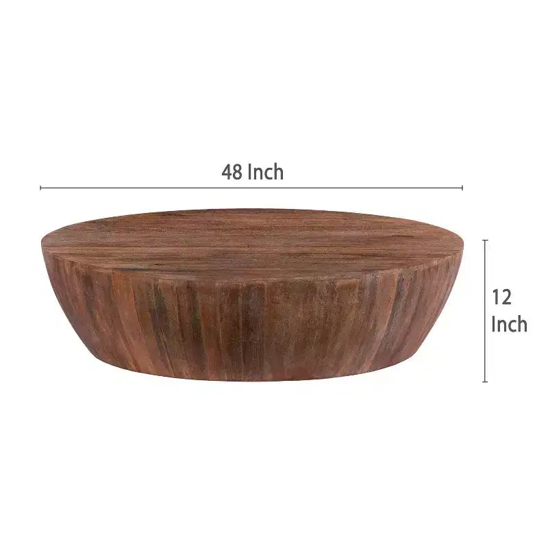 Table basse ronde 48" sculptée à la main en bois de manguier, forme tambour, marron vieilli : Robuste et polie