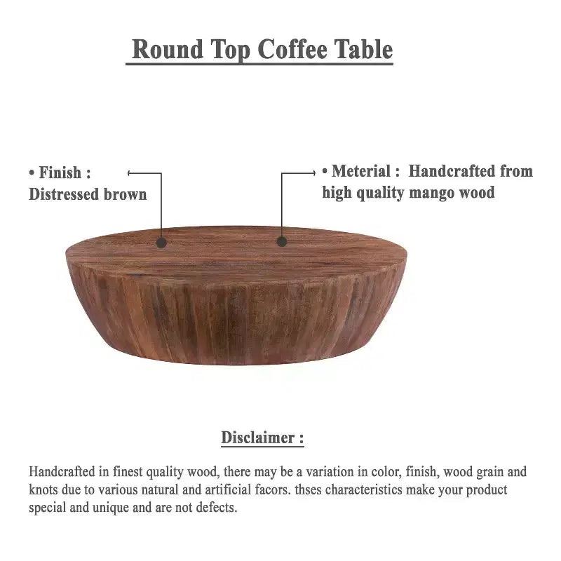 Table basse ronde 48" sculptée à la main en bois de manguier, forme tambour, marron vieilli : Robuste et polie