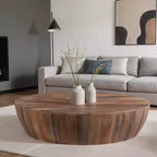 Table basse ronde 48" sculptée à la main en bois de manguier, forme tambour, marron vieilli : Robuste et polie