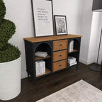 Armoire en bois et métal style ferme noir - Rangement chic, 3 tiroirs, 4 étagères, aucun assemblage requis