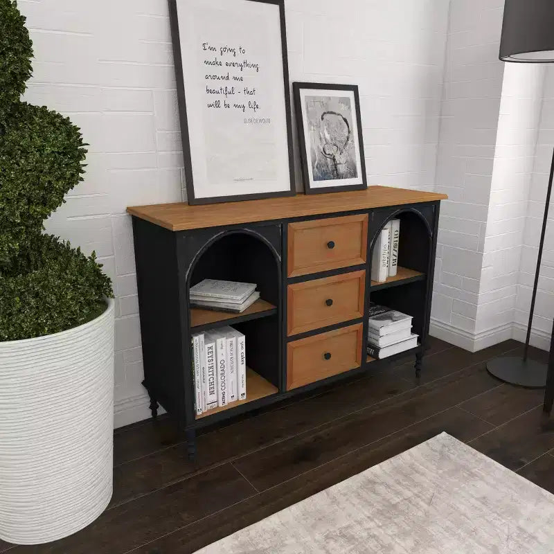 Armoire en bois et métal style ferme noir - Rangement chic, 3 tiroirs, 4 étagères, aucun assemblage requis