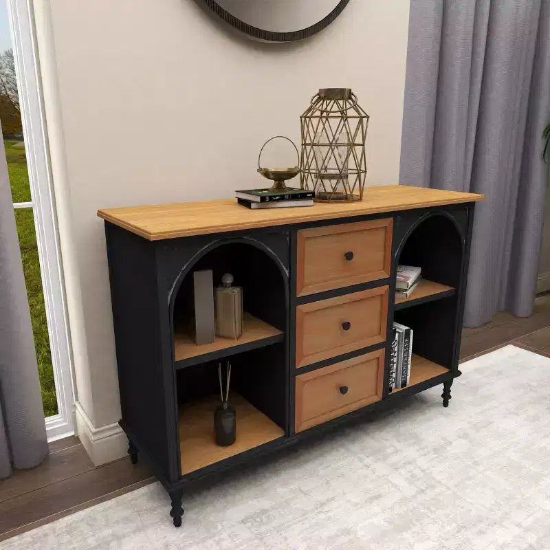 Armoire en bois et métal style ferme noir - Rangement chic, 3 tiroirs, 4 étagères, aucun assemblage requis
