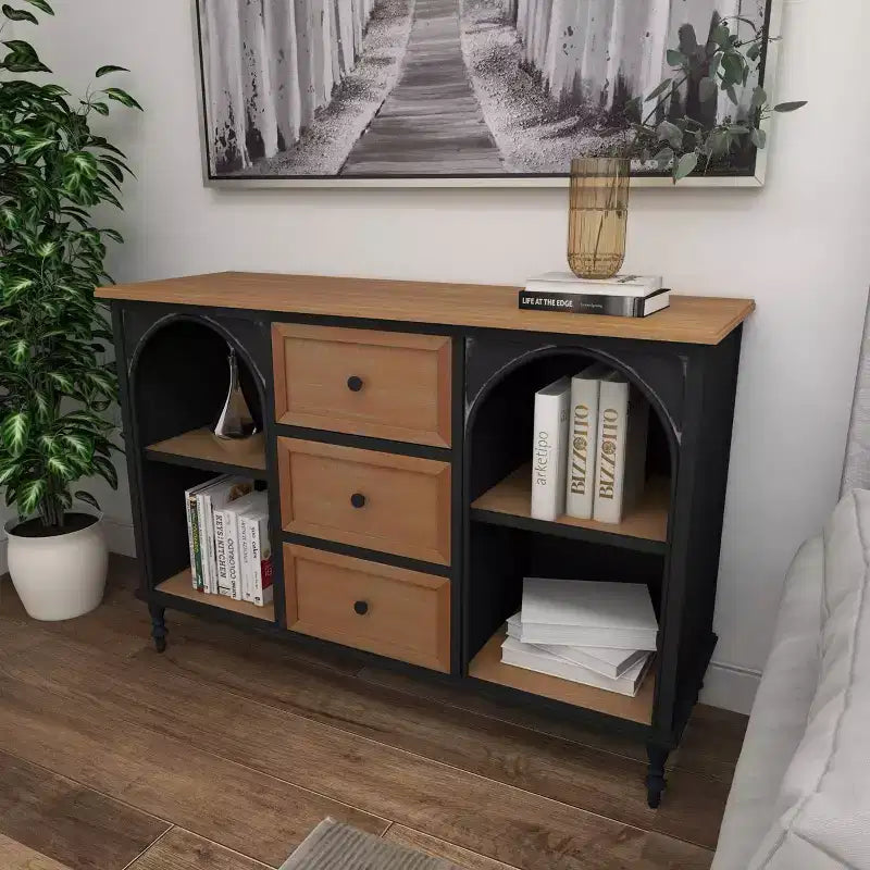 Armoire en bois et métal style ferme noir - Rangement chic, 3 tiroirs, 4 étagères, aucun assemblage requis