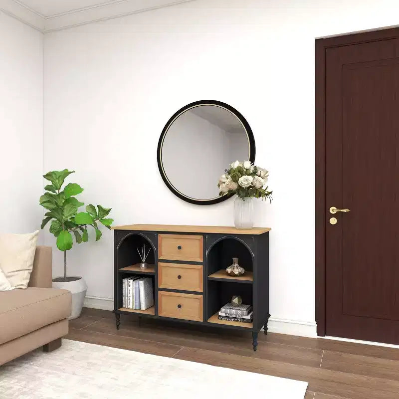 Armoire en bois et métal style ferme noir - Rangement chic, 3 tiroirs, 4 étagères, aucun assemblage requis