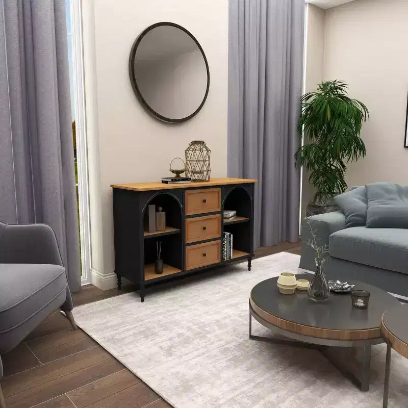Armoire en bois et métal style ferme noir - Rangement chic, 3 tiroirs, 4 étagères, aucun assemblage requis