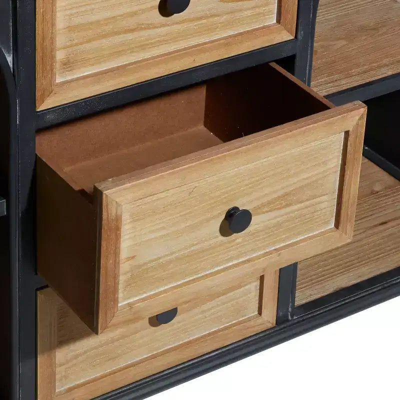 Armoire en bois et métal style ferme noir - Rangement chic, 3 tiroirs, 4 étagères, aucun assemblage requis