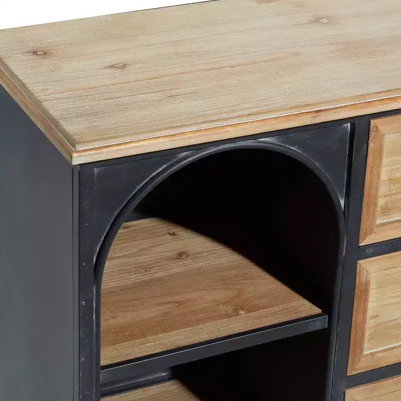 Armoire en bois et métal style ferme noir - Rangement chic, 3 tiroirs, 4 étagères, aucun assemblage requis