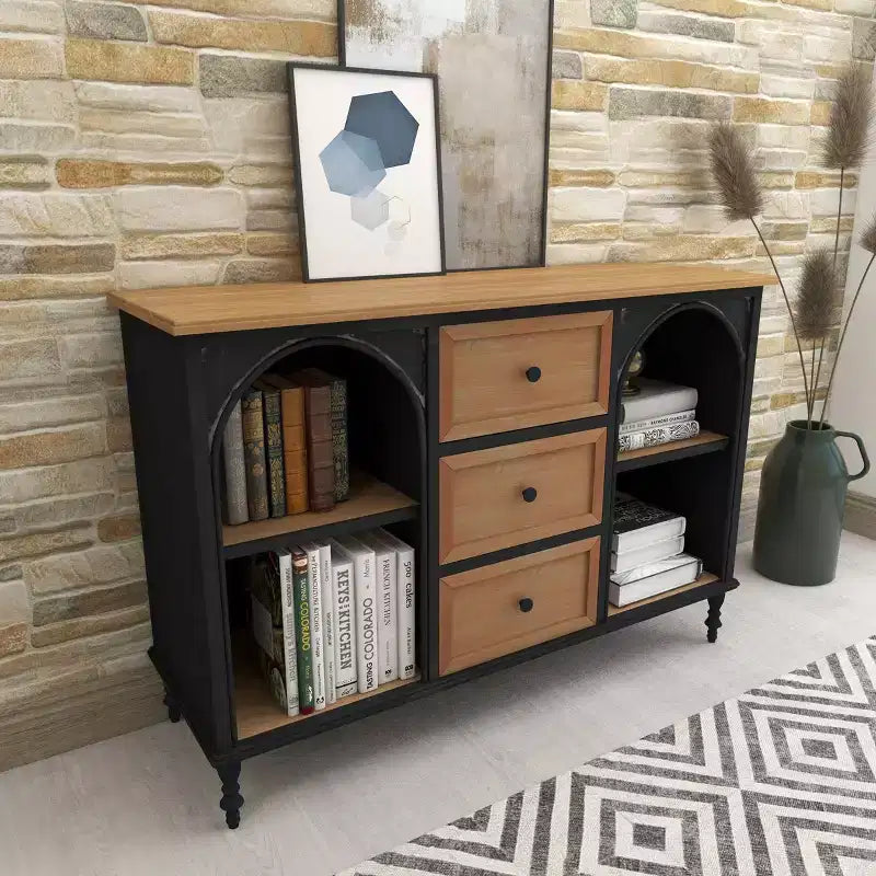 Armoire en bois et métal style ferme noir - Rangement chic, 3 tiroirs, 4 étagères, aucun assemblage requis