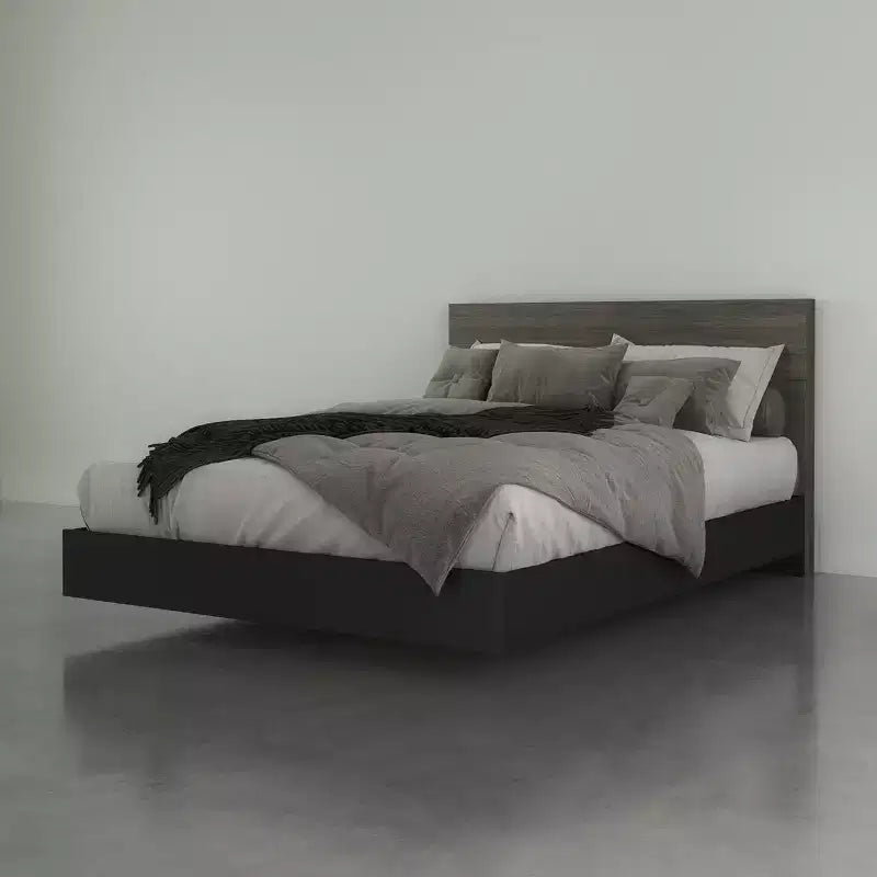 Lit Queen Apollo avec tête de lit gris écorce/noir - Nexera : plateforme moderne, aucun sommier tapissier requis