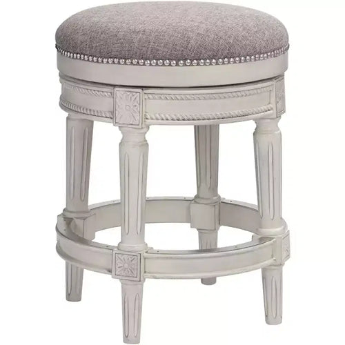55 Downing Street Oliver Wood Swivel Bar Stool Distressed White 24 1/2 High Traditional Pewter Round Cushion with Footrest for Kitchen Counter Island