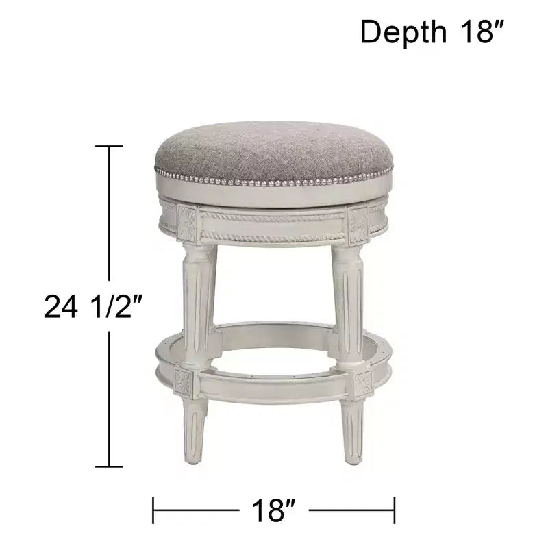 55 Downing Street Tabouret de bar pivotant Oliver Wood Blanc vieilli 24 1/2 po de haut Coussin rond étain traditionnel avec repose-pieds pour îlot de cuisine