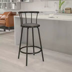 Tabouret de bar Flash Furniture à dossier Couronne, en métal noir avec siège pivotant en vinyle noir.
