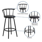 Tabouret de bar Flash Furniture à dossier Couronne, en métal noir avec siège pivotant en vinyle noir.