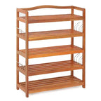 Costway 5-Tier Wood Shoe Rack Solid Acacia Wood Shoe Shelf with Side Metal Hooks